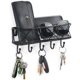 HappyHapi Key Holder for Wall Decorative, Entryway Key Hooks, Wall Mounted Key Rack with 5 Hooks, Metal Wire Mesh Basket Mail Holder, 9.8”Lx2.1”Wx4.1”H image 0
